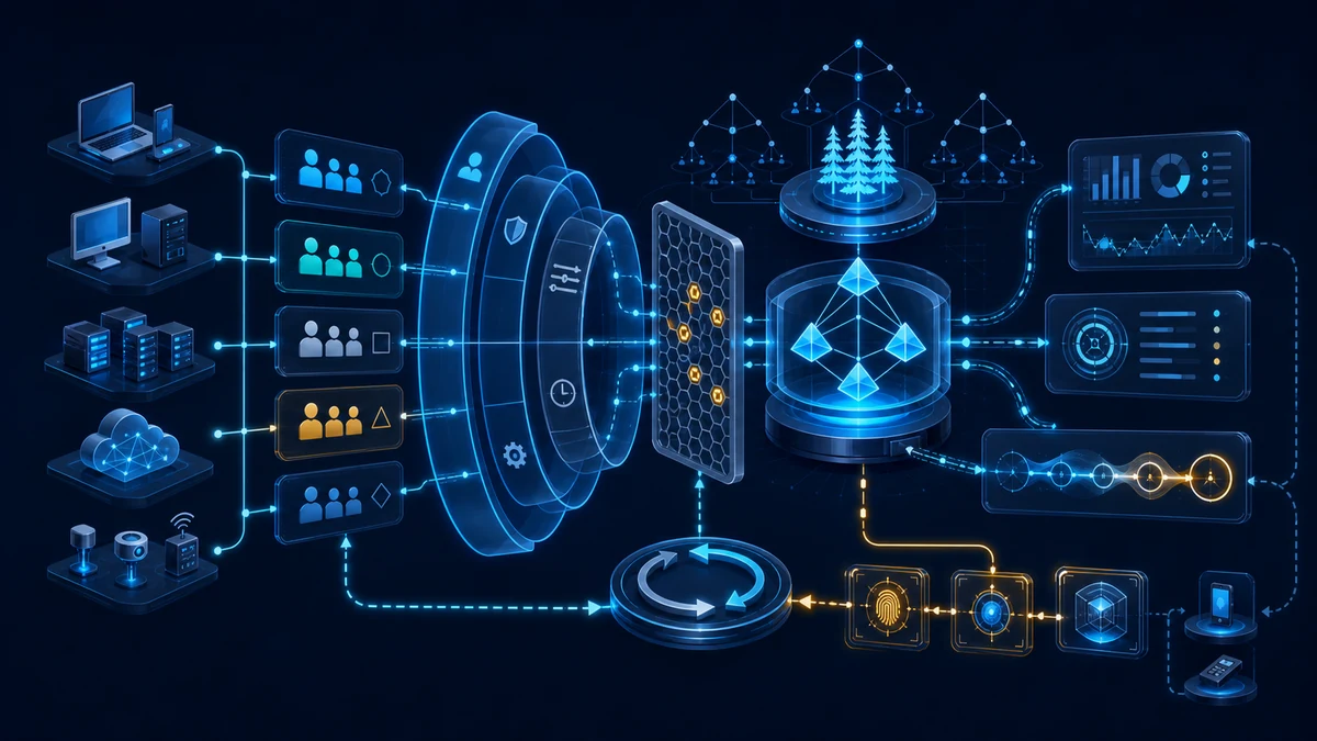 Technische Grafik: Kontoklassen durchlaufen abgestufte Kennwortrichtlinien und einen Filter für vorhersehbare Muster, bevor eine Active-Directory-Struktur die Anmeldung verarbeitet