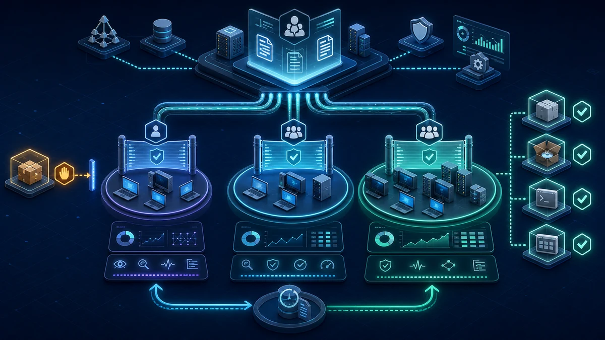 Technische Grafik: Eine zentrale AppLocker-Richtlinie wird über gestufte Audit-, Pilot- und Enforcement-Gruppen auf Windows-Systeme verteilt