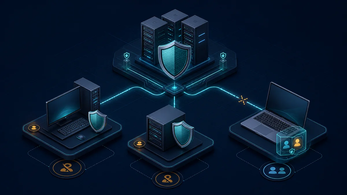 Technische Grafik: Server und privilegierte Systeme authentifizieren online, während ein mobiler Domänen-Laptop nur einen kleinen geschützten Offline-Anmeldecache hält