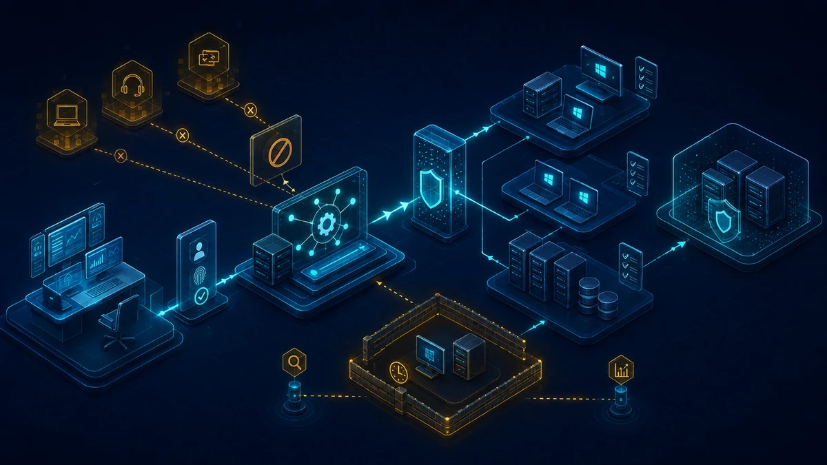 Technische Grafik: Genehmigte Fernadministration passiert Identitäts- und Ausführungskontrollen; unerwünschte RMM-Pfade enden vor der getrennten Tier-0-Zone