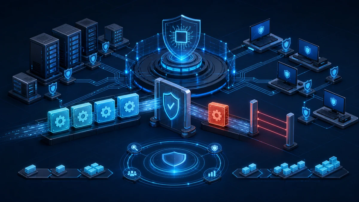 Technische Grafik: Eine zentrale Richtlinie lässt freigegebene Treiber passieren und blockiert einen verwundbaren Kernel-Treiber vor Servern und Clients